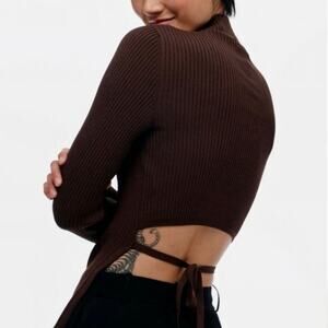 Babaton x Aritizia Chocolate Brown Ribbed Shirt with Open Tie Back Small